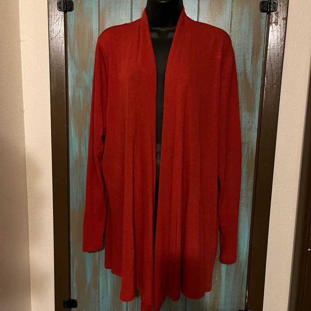 Hawthorne 41 dressy cardigan, burnt orange, lightweight knit.